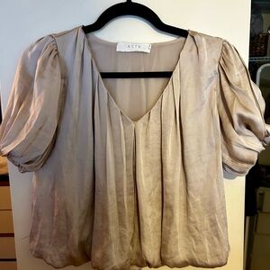 Cream Silk Puff Sleeve Blouse with Pleated Design